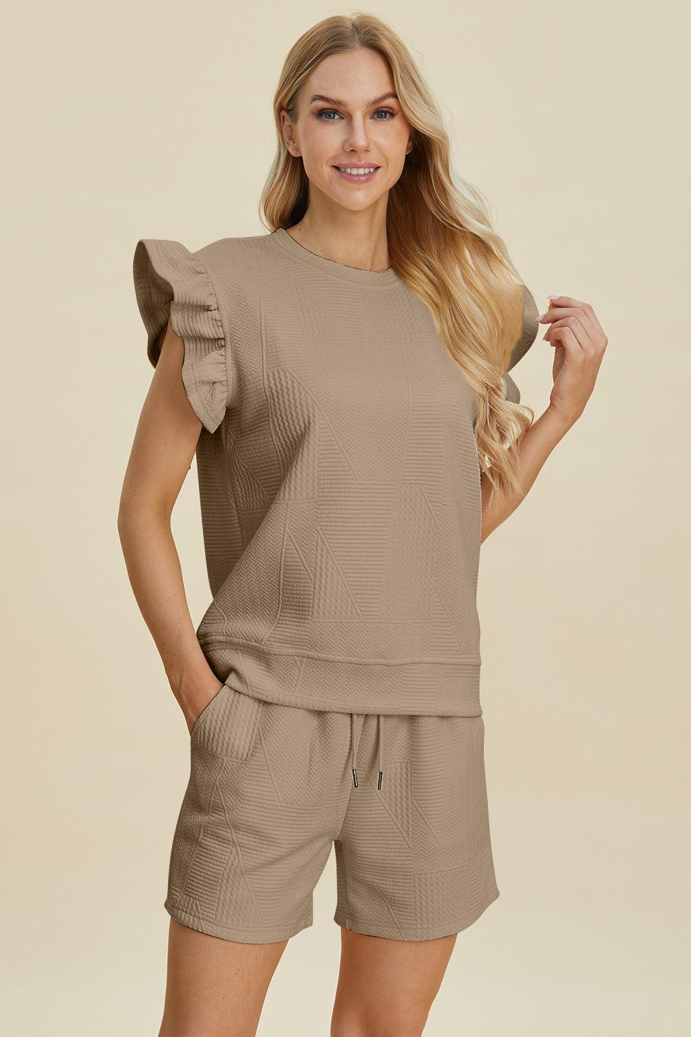 Double Take Full Size Texture Round Neck Ruffle Sleeve Top and Shorts Set Khaki