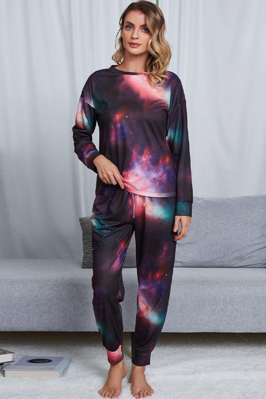 Shiny Tie-Dye Crewneck Top and Drawstring Waist Joggers Lounge Set Indigo