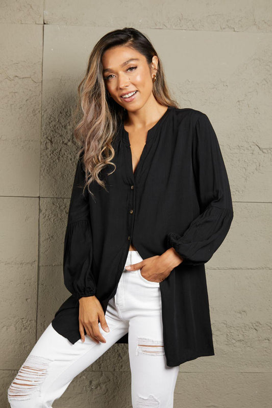 Ivy Lane Notched Neck Balloon Sleeve Shirt Black
