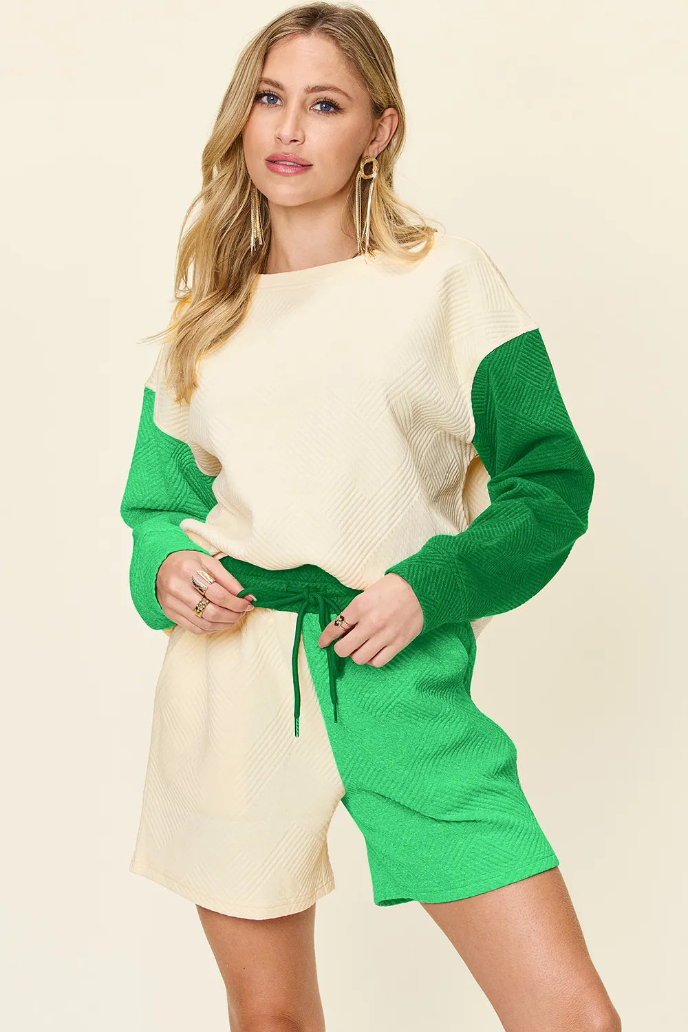Double Take Full Size Contrast Drop Shoulder Top and Shorts Set Mid Green