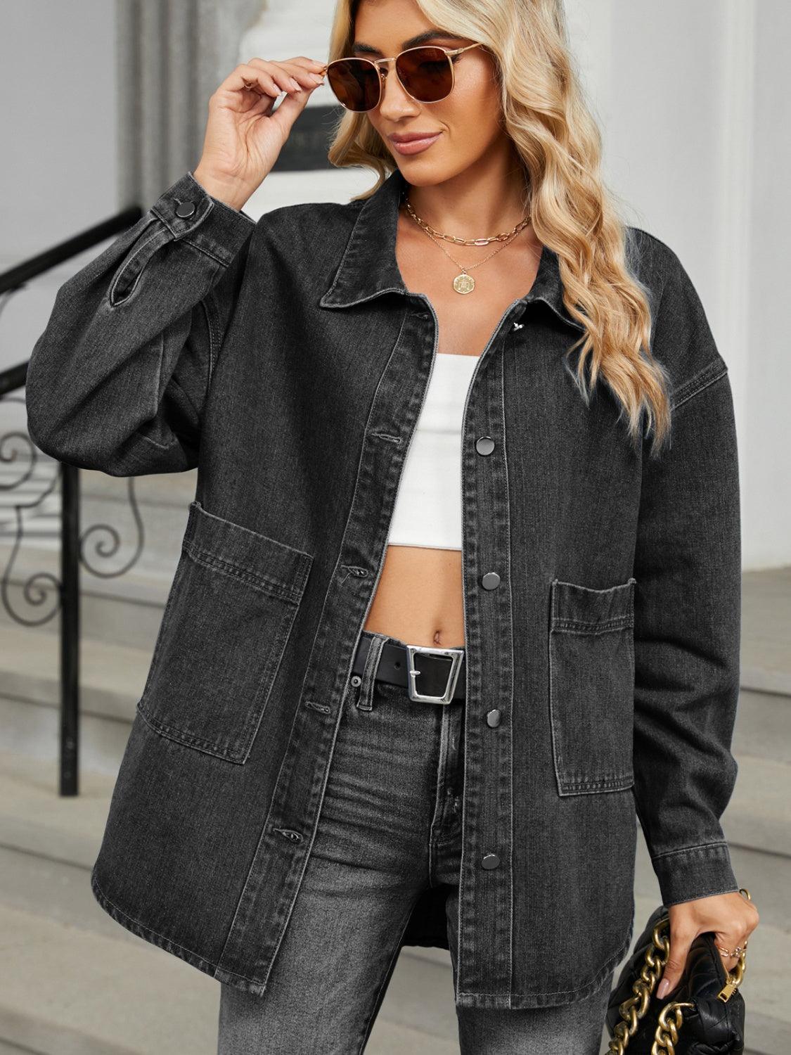 Removable Hood Button Up Long Sleeve Denim Jacket Black