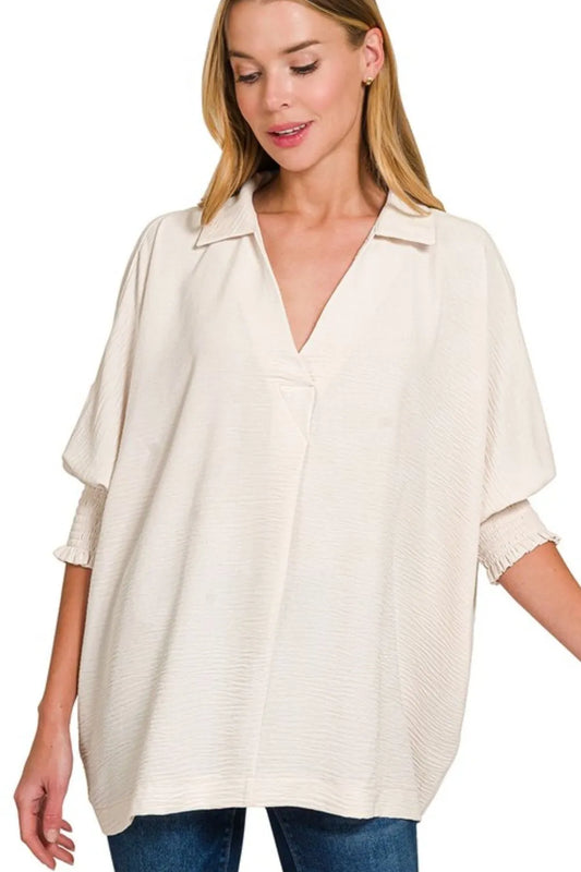 Zenana Airflow Collar Tee with Smocked Sleeve Band Top SAND BEIGE