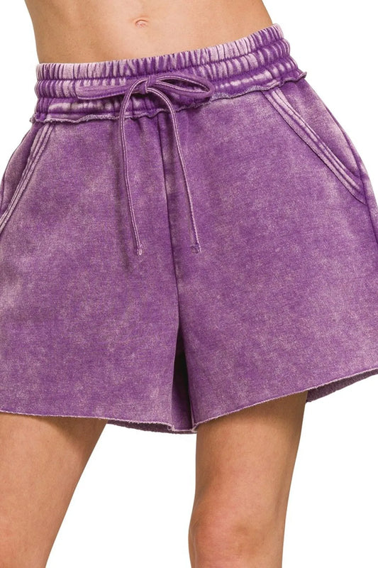 Zenana Acid Wash Fleece Drawstring Shorts With Pockets VIOLET