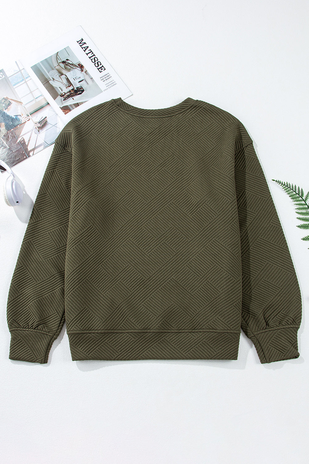 Solid Textured Drop Shoulder Sweatshirt w/ Pockets