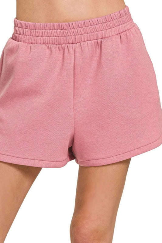 Zenana Scuba Elastic Waistband Dolphin Shorts LT ROSE