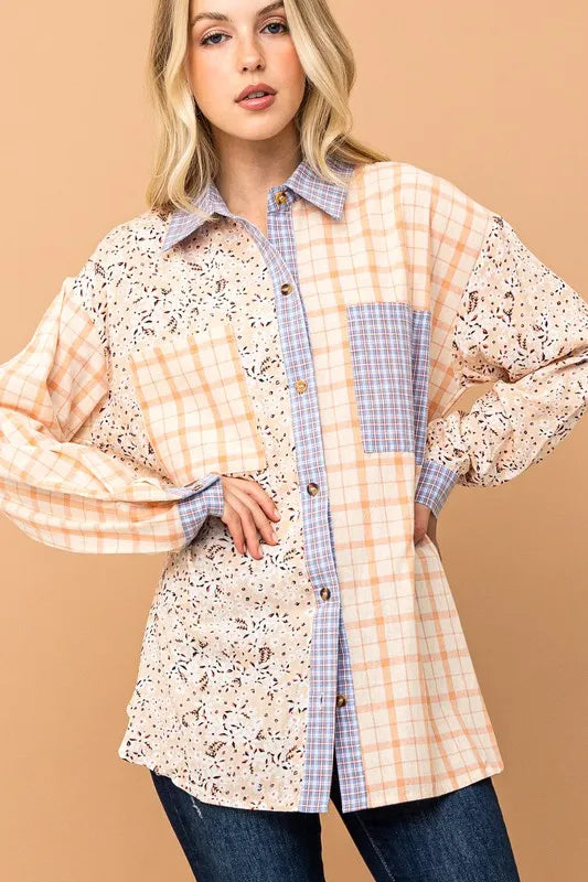 And The Why Floral and Plaid Color Block Shirts with Pocket PEACH