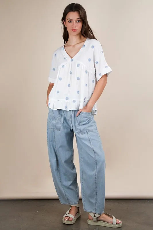 VERY J Flower Embroidered Woven Blouse White
