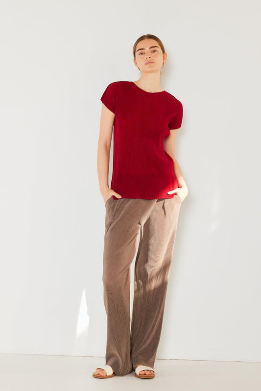 Marina West Swim Rib Pleated Elastic-Waist Wide Leg Pants Gray Brown