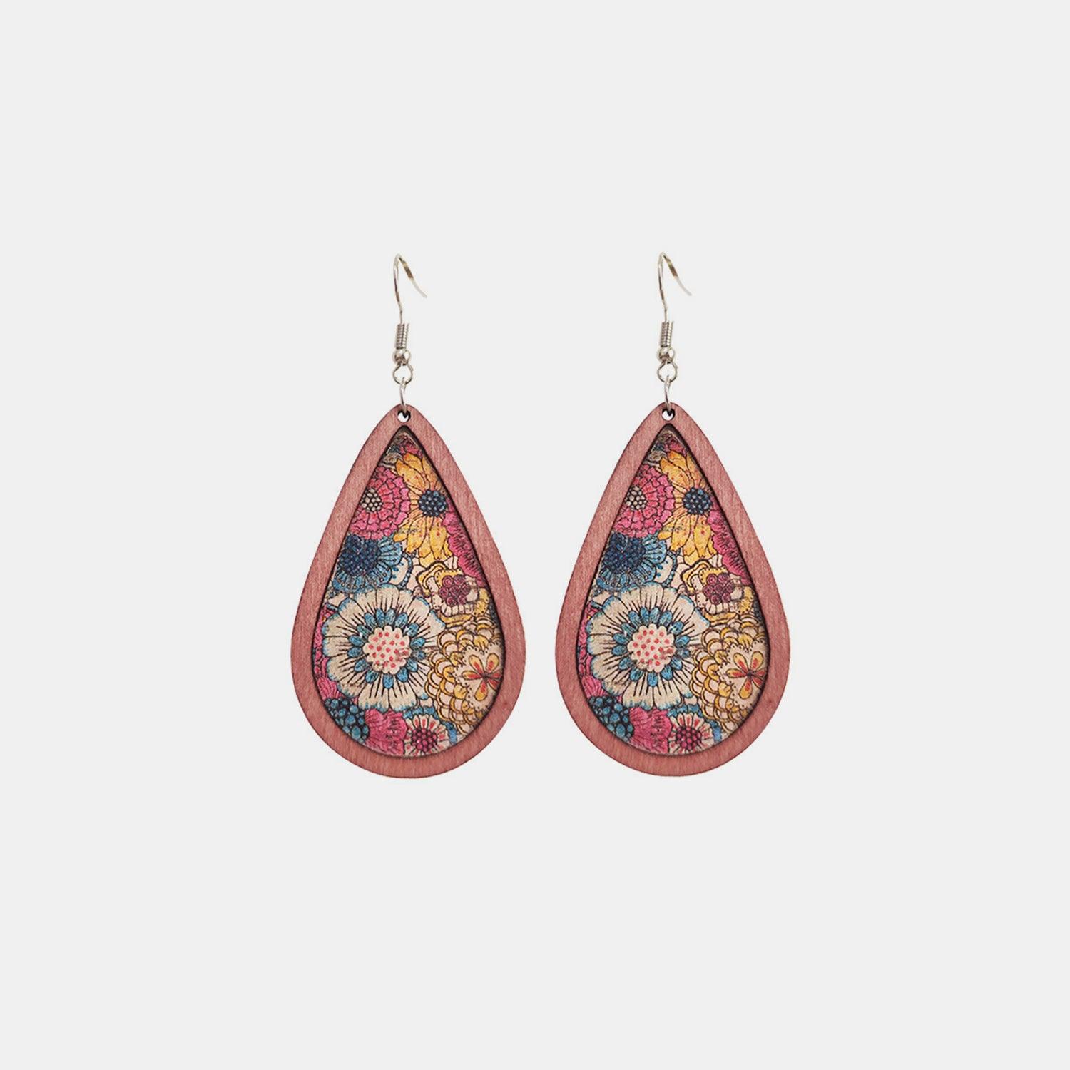 Floral Wood Teardrop Earrings Dusty Pink One Size