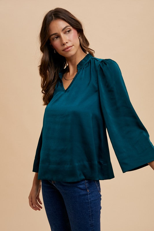Annie Wear Satin Notched Three-Quarter Sleeve Blouse Deep Teal