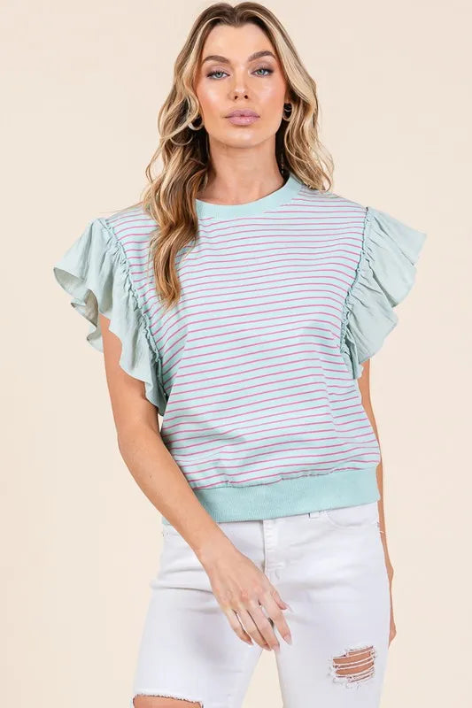 Lime 'N' Chili Striped Contrast Ruffle Detail Sleeveless Top MINT