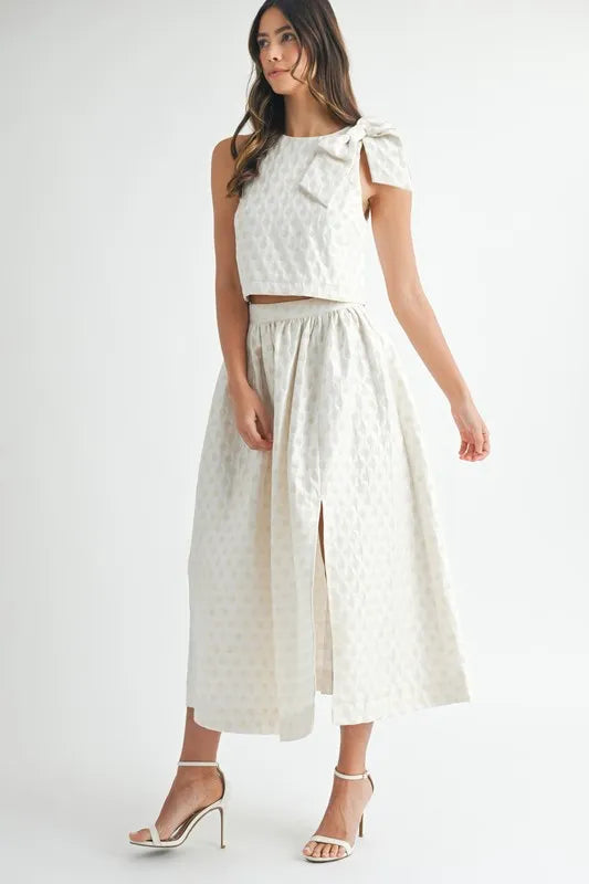 MABLE Taffeta Polka Dot Shoulder Ribbon Top and Skirt Set