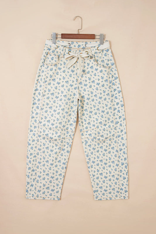 Floral Grommet Knot Waist Barrel Leg Jeans