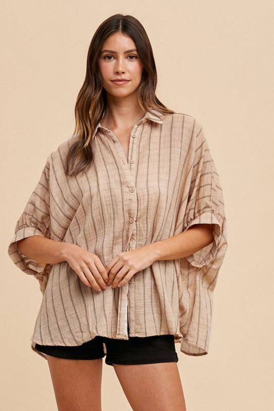 Annie Wear Striped Button Up Half Sleeve Shirt Latte