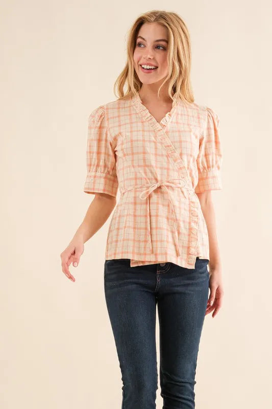 And The Why Plaid Patterned and Ruffled Wrap Blouse Top SALMON