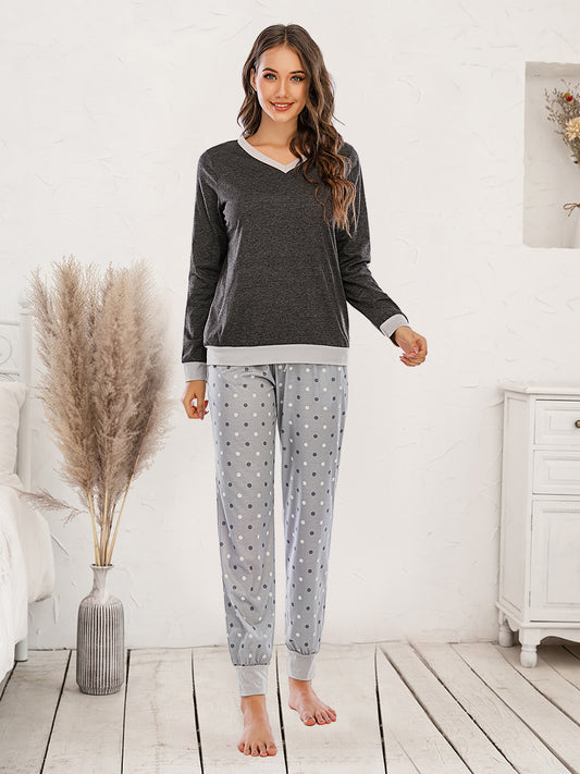 Long Sleeve Top and Polka Dot Pants Set Black