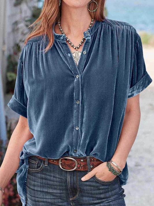 Ruched Round Neck Short Sleeve Shirt Dusty Blue