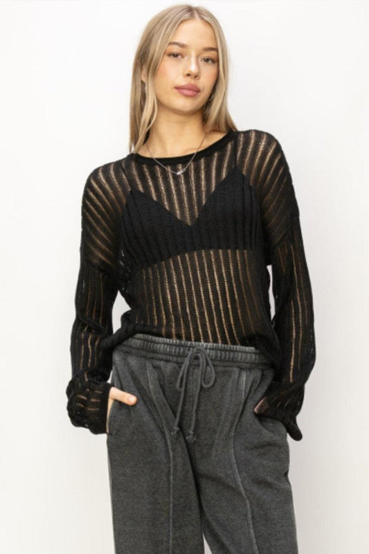 HYFVE Openwork Ribbed Long Sleeve Knit Top Black