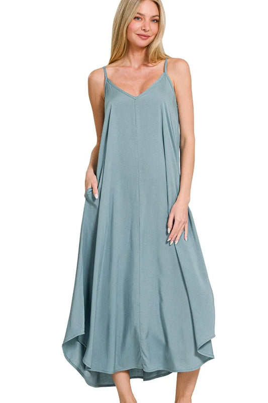Zenana Woven Arc Hem Cami Dress With Flowy Pockets BLUE GREY