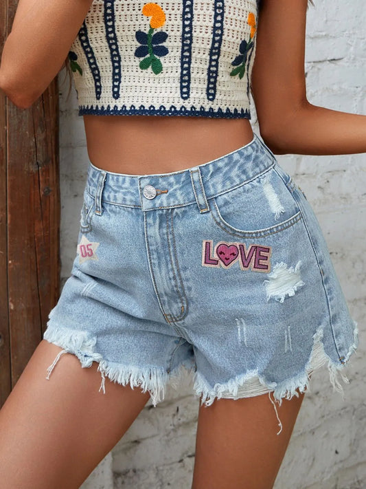 LOVE Distressed Raw Hem Denim Shorts Light