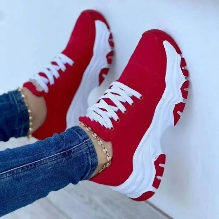 Lace-Up Round Neck Platform Sneakers Red