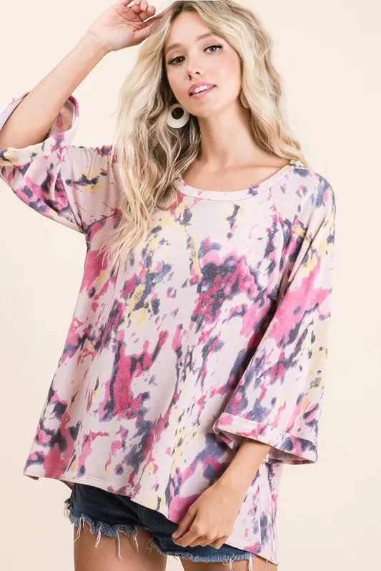 BiBi Tie Dye Print Terry A Line Top with Bell Sleeves PINK MULTI