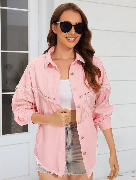 Raw Hem Fringe Detail Denim Jacket Dusty Pink