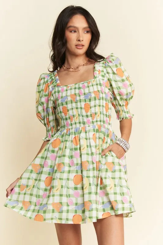 Davi & Dani Fruits Printed Smocking Mini Dress Sage