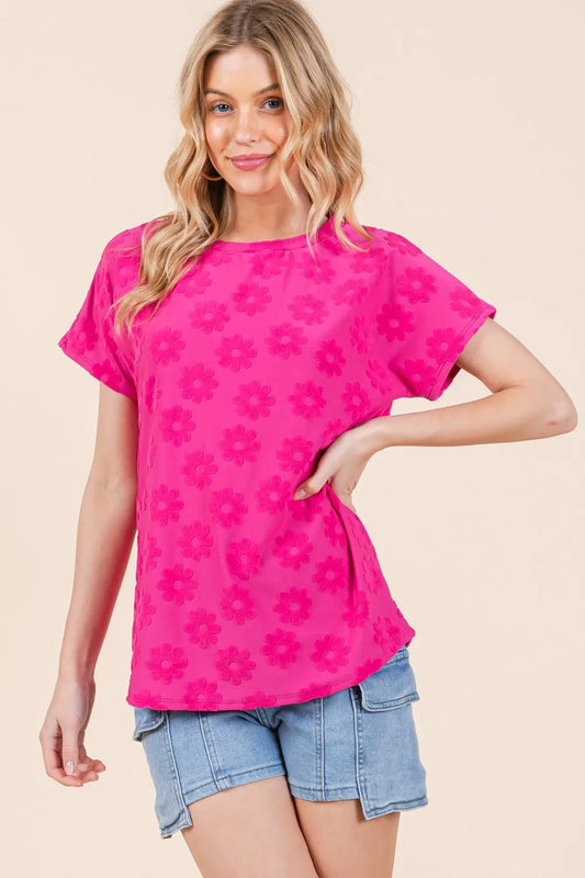 BOMBOM Textured Floral Pattern Short Sleeve T-Shirt Fuchsia