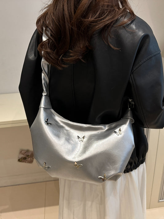 Butterfly Ruched Strap Shoulder Bag Silver One Size