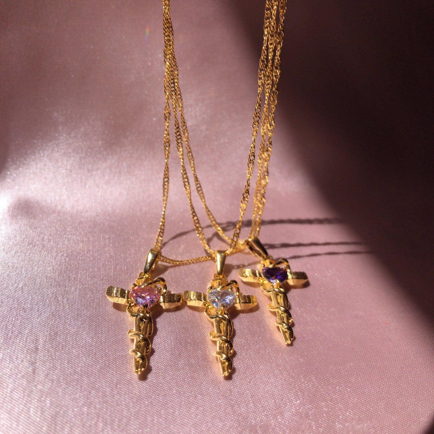 Copper Zircon Cross Pendant Necklace Style C One Size