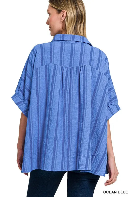 Zenana Woven Yarn-Dye Stripe Oversized Button Down Shirt