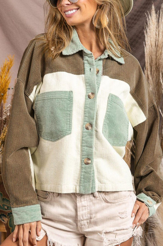 Pocketed Color Block Collared Neck Jacket Sage