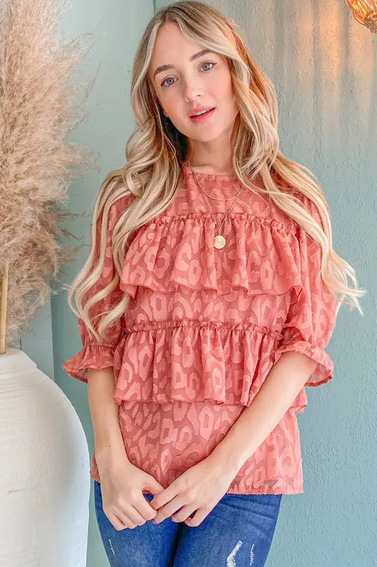 And The Why Leopard Tiered Ruffle Blouse Top