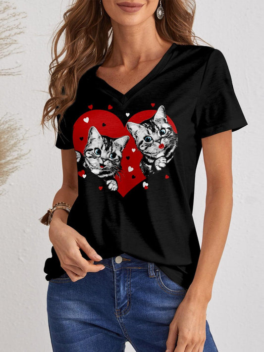 FAM-FAM Cat V-Neck Short Sleeve T-Shirt Black