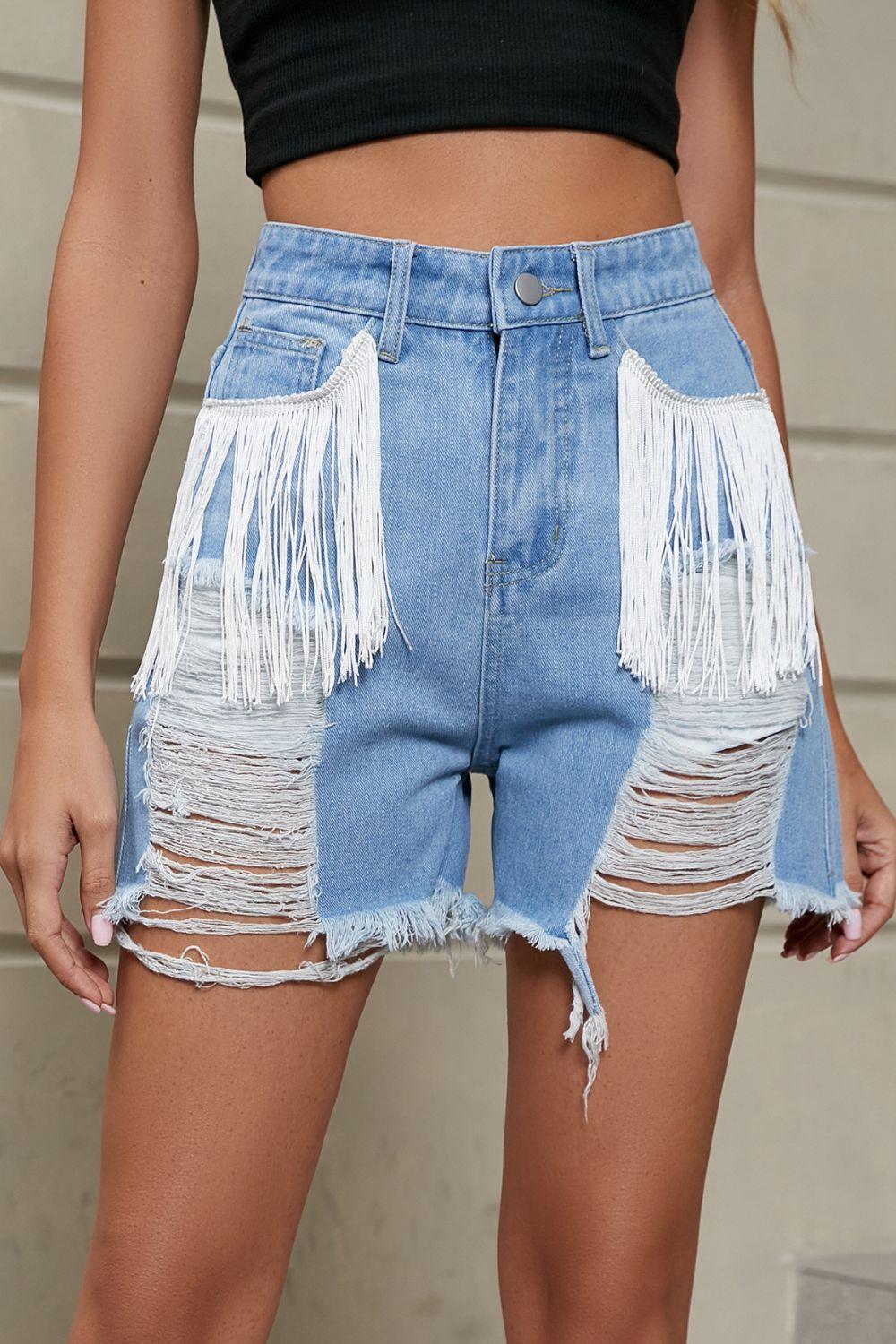 Fringe Trim Distressed Denim Shorts with Pockets Medium