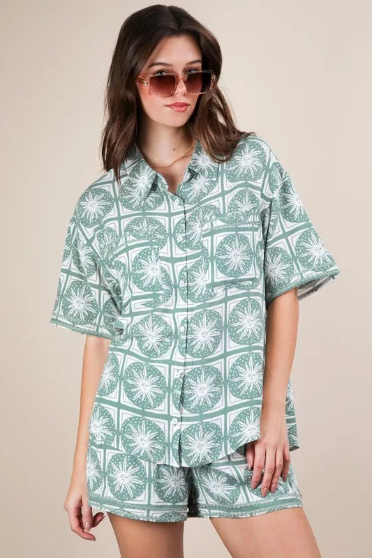 VERY J Tropical Printed Shirt Top and Shorts Set Sage