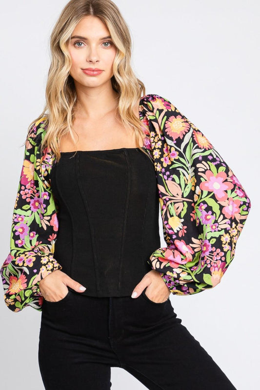 ODDI Full Size Floral Balloon Sleeve Blouse Black