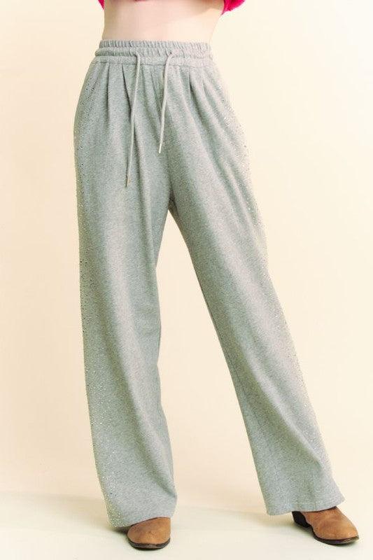 Davi & Dani Rhinestone Elastic Waist Wide Leg Pants Gray