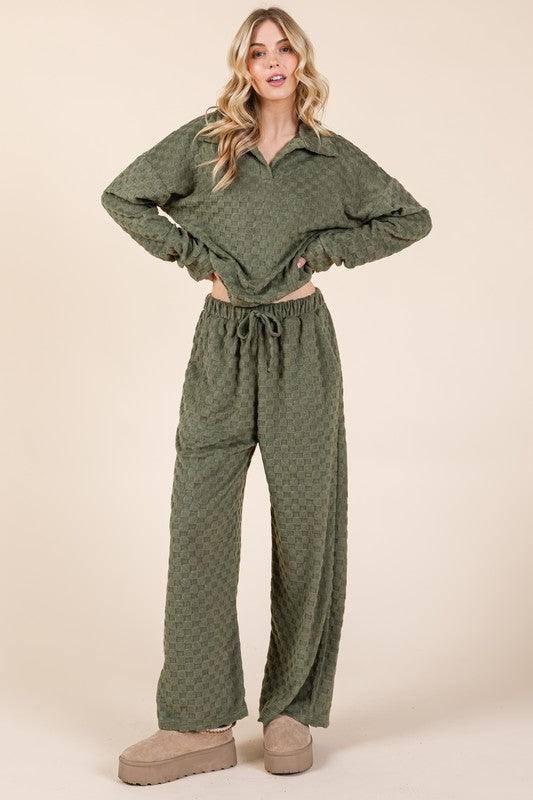 BOMBOM Tied Checkered Wide Leg Pants Moss