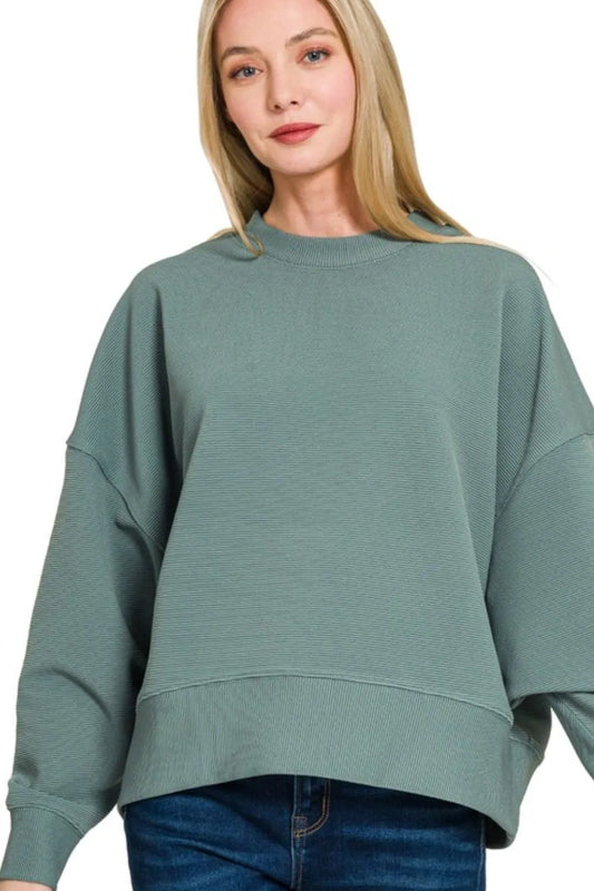 Zenana Ribbed Balloon Sleeve Sweatshirt ASH JADE