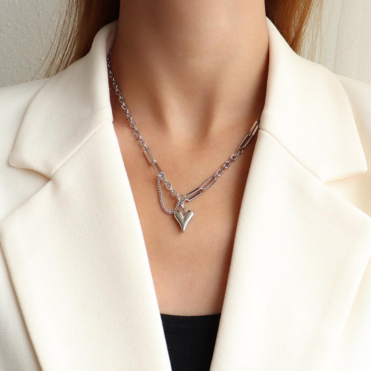 Titanium Steel Heart Pendant Necklace Silver One Size