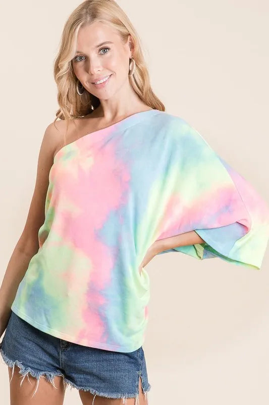 BiBi Tie Dye French Terry One Shoulder Top with Dolman PASTEL TIE DYE