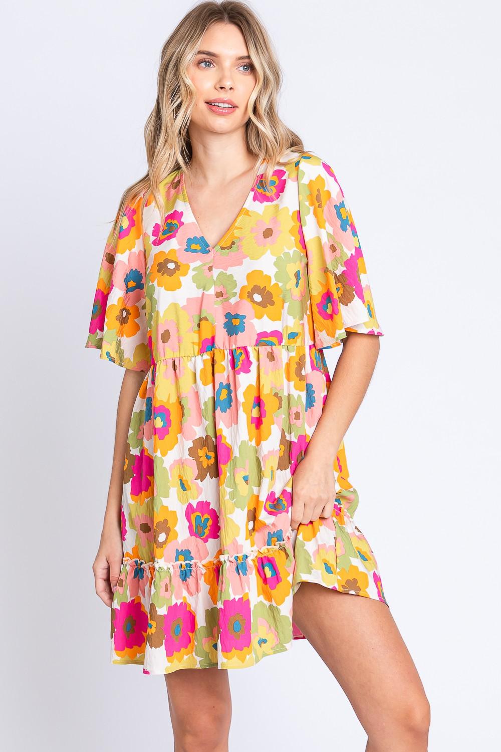 GeeGee Floral V-Neck Ruffle Hem Mini Dress Floral