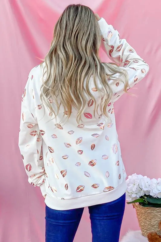 And The Why Kiss Pink Foil Allover Print Pullover Sweatshirts