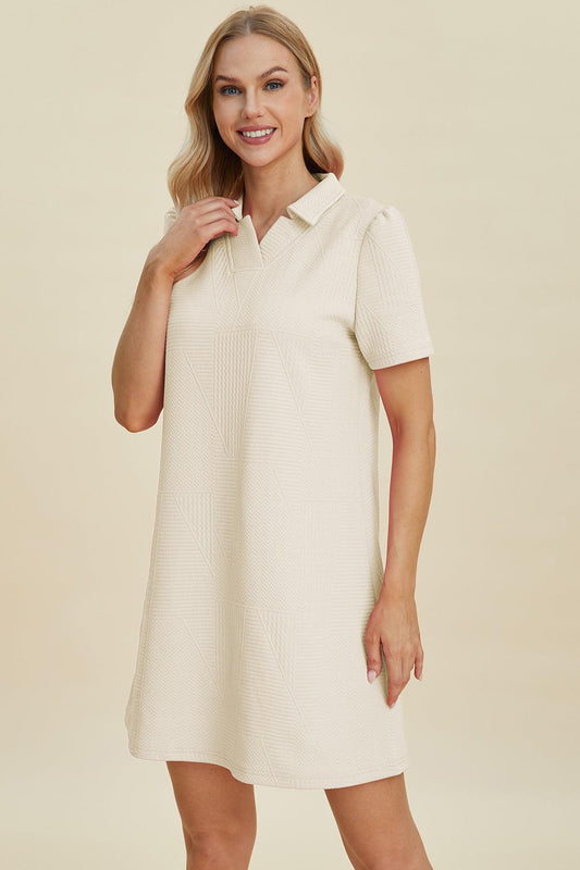 Double Take Full Size Texture Short Sleeve Dress Ivory
