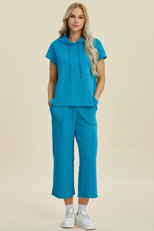 Double Take Full Size Texture Drawstring Short Sleeve Hoodie and Pocketed Pants Set Cerulean