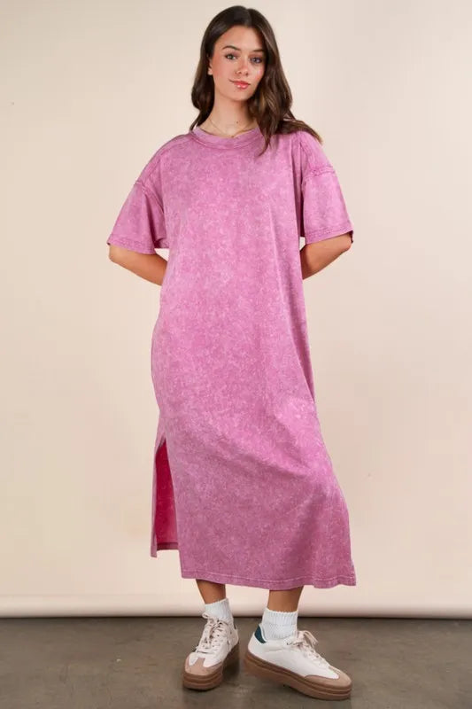 VERY J Plus Size Mineral Washed Casual Comfy Midi Dress Orchid