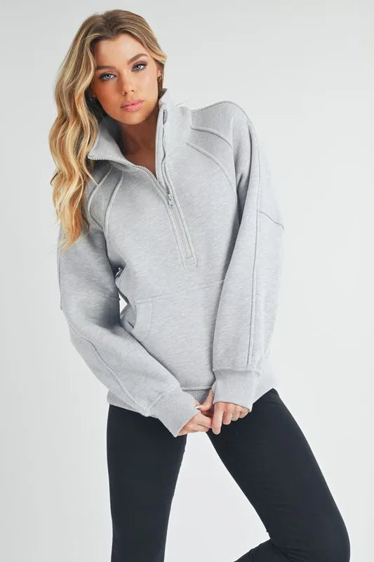 Aemi + Co Half Zip Raglan Sleeve Sweatshirt with Kangaroo Pocket Light Gray