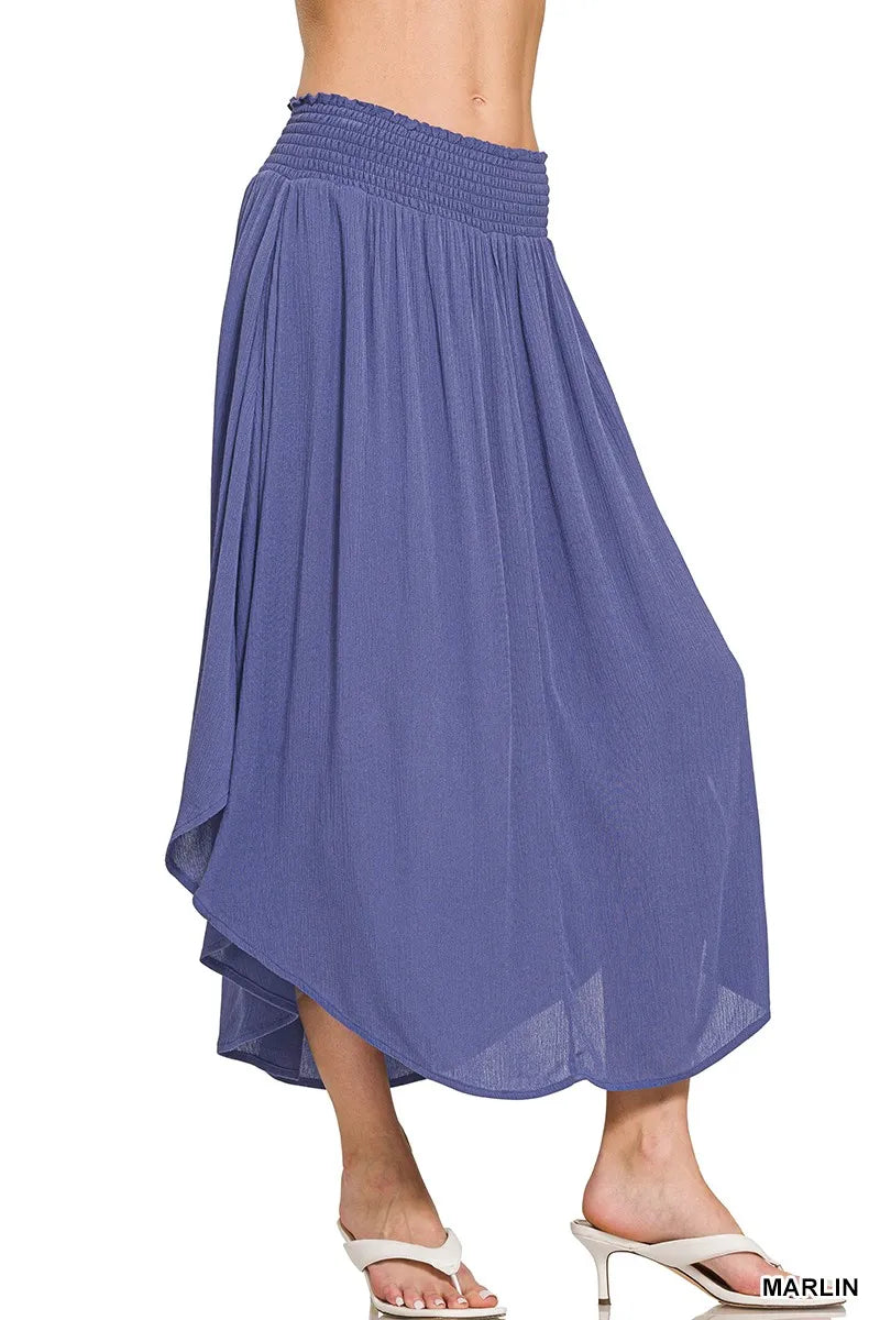 Zenana Woven Crinkle Smocked Waist Maxi Skirt W Pockets MARLIN